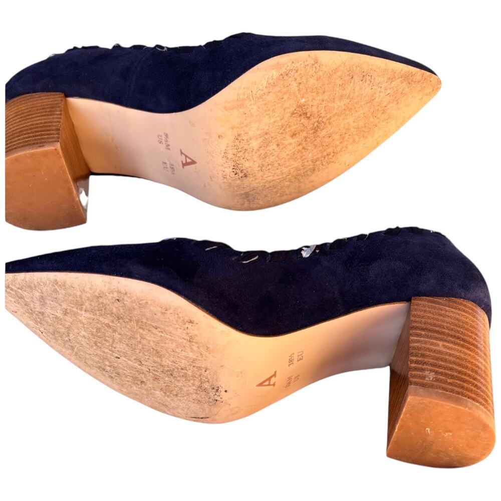 Anthropologie Women's 8.5M Navy Whipstitch Braided Ribbon Suede Block Heels - Picture 9 of 15